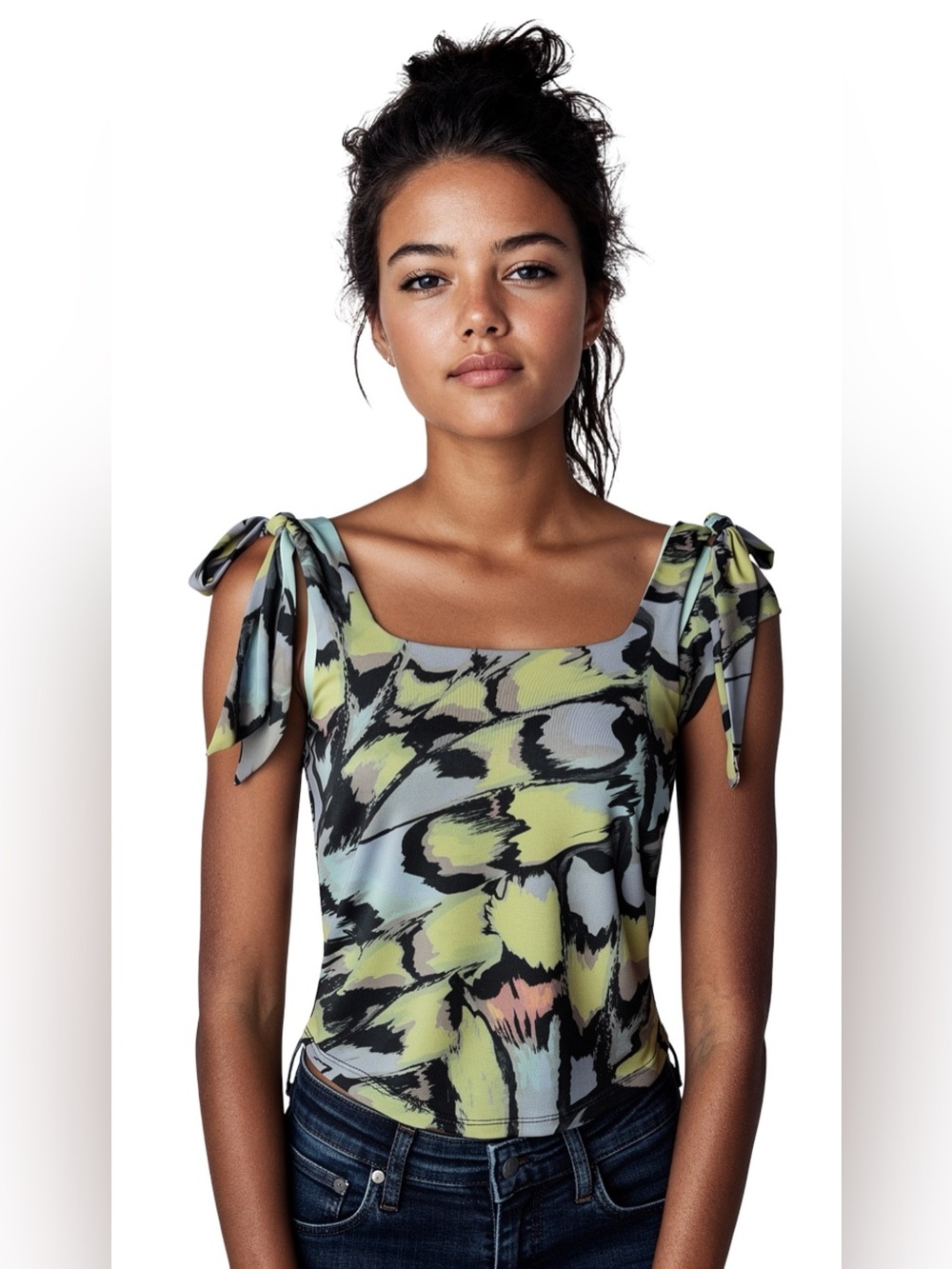 NWTs Free People Avenue Ruched Tank Top Tie Shoulder Mint Combo - Size Medium